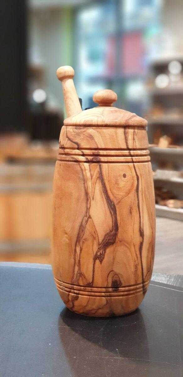 Honigtopf mit Honiglöffel 17cm aus Olivenholz